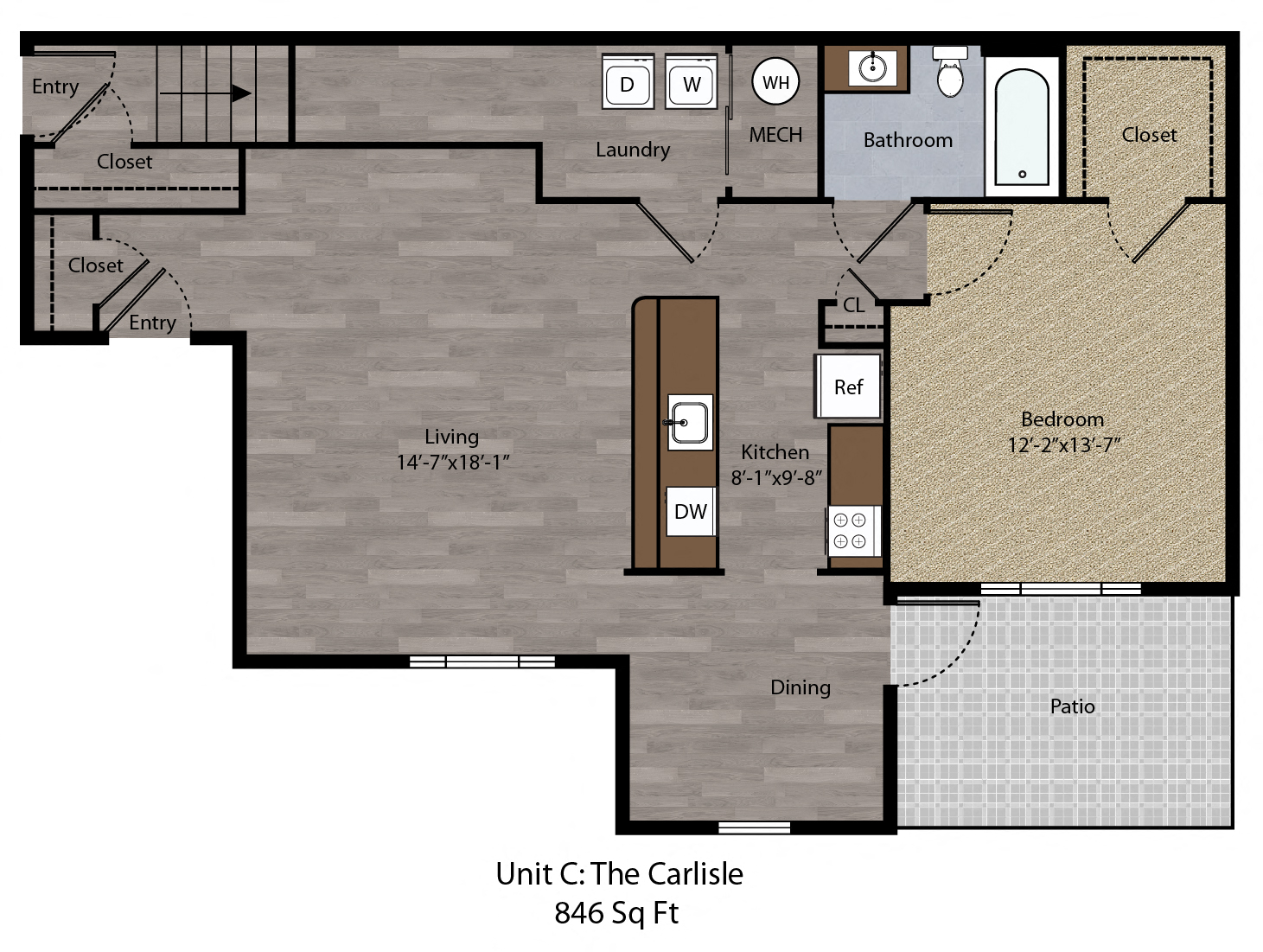 Floor plan for 1 bed, 1 bath, 846 sqft